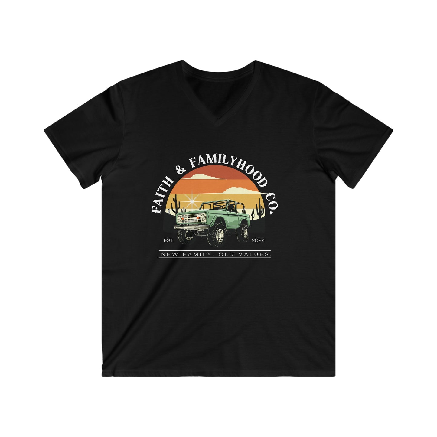 A black v-neck Car Shirts featuring a vintage Bronco driving through a desert sunset, with the Faith & Familyhood Co. logo and the slogan "New Family, Old Values" below.