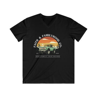 A black v-neck Car Shirts featuring a vintage Bronco driving through a desert sunset, with the Faith & Familyhood Co. logo and the slogan "New Family, Old Values" below.