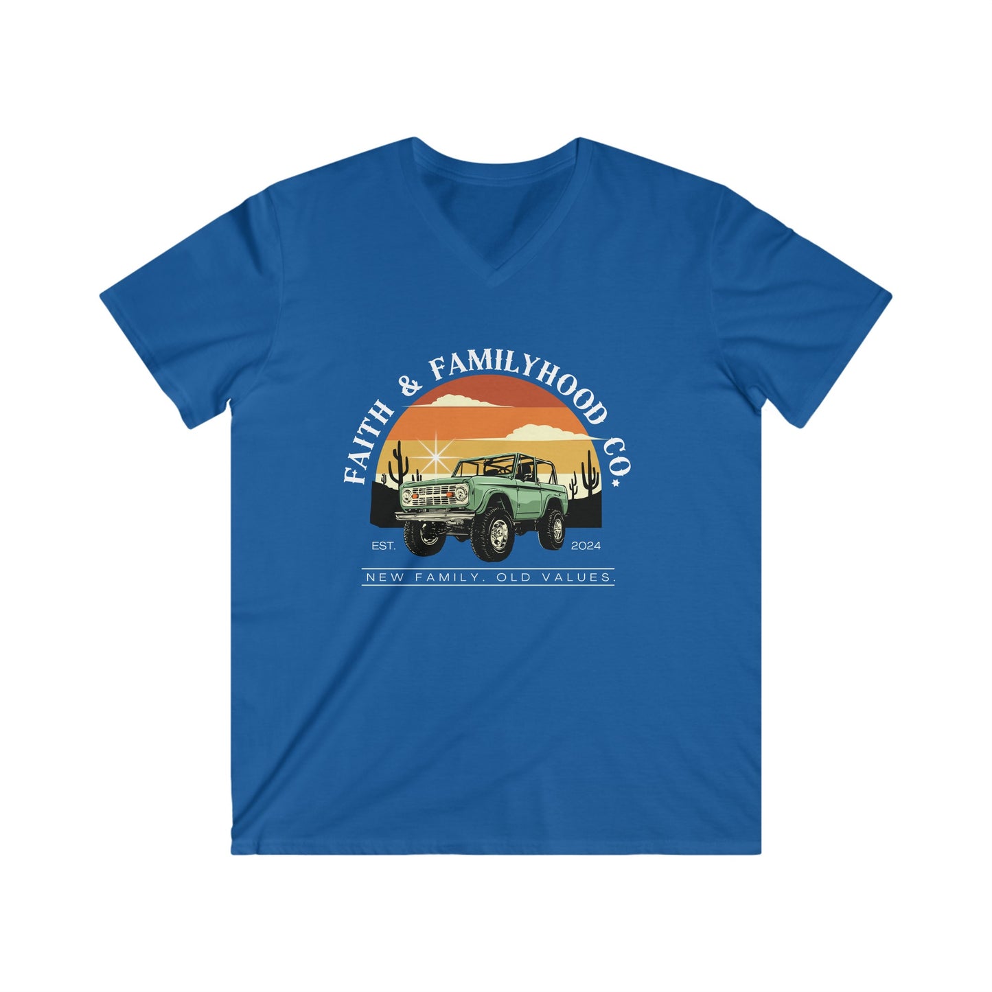 The "Desert Drive" V-neck Tee, a Car Shirts design from Faith & Familyhood Co., features a vintage Bronco graphic and a desert sunset, perfect for car enthusiasts.