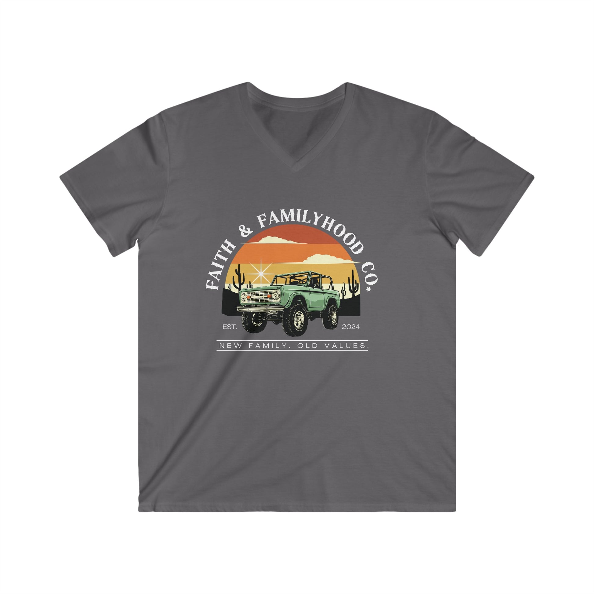 Car Shirts Automotive Apparel showcasing the "Desert Drive" V-neck Tee by Faith & Familyhood Co., featuring a classic 4x4 against a vibrant desert backdrop.