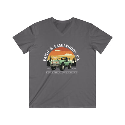 Car Shirts Automotive Apparel showcasing the "Desert Drive" V-neck Tee by Faith & Familyhood Co., featuring a classic 4x4 against a vibrant desert backdrop.