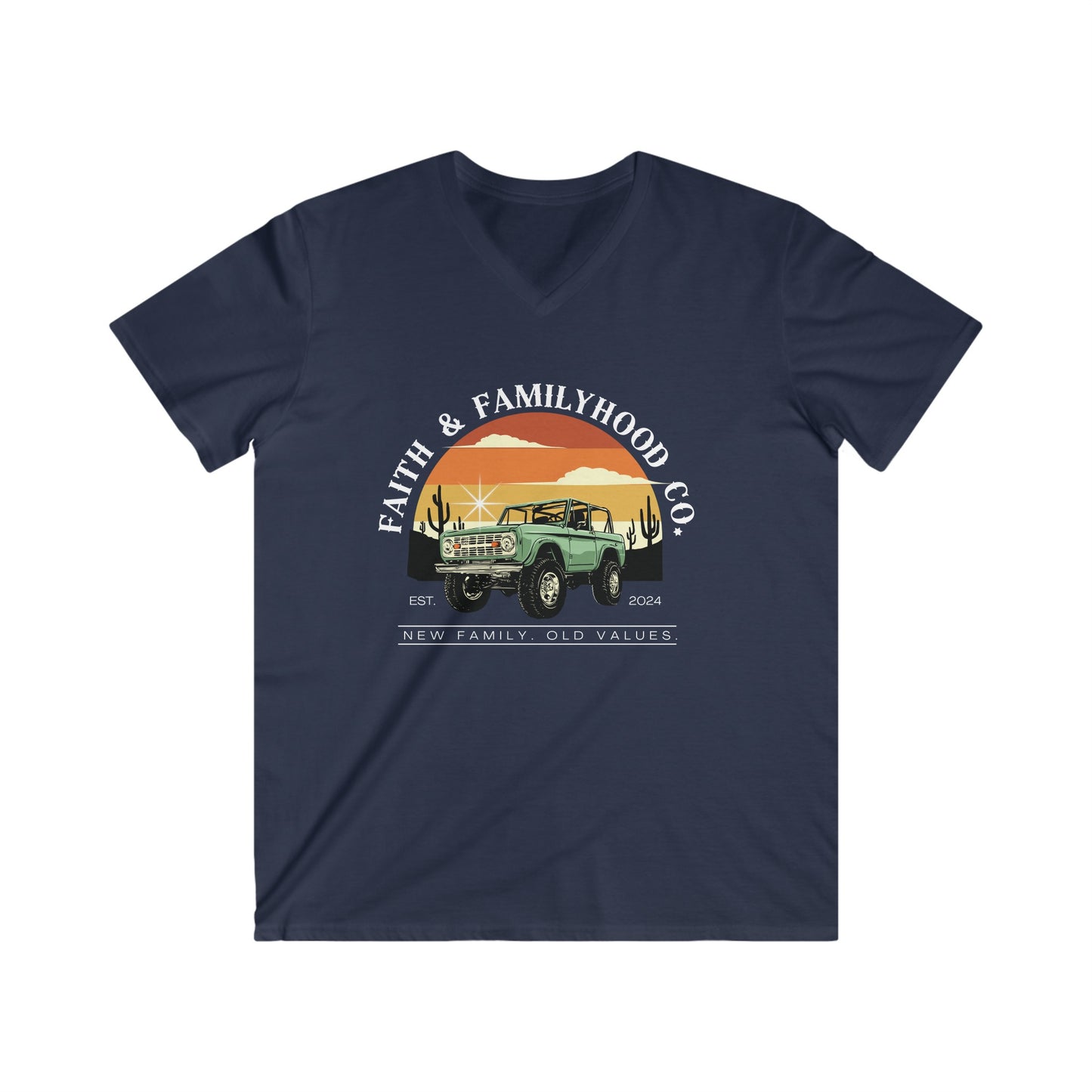 Car Apparel T Shirts for the adventurous spirit - the "Desert Drive" V-neck Tee by Faith & Familyhood Co. features a classic 4x4 and a vibrant sunset.