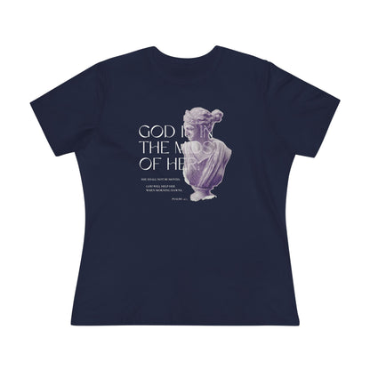 A women's Christian t-shirt made from soft, breathable fabric featuring the uplifting message "God is in the Midst of Her."