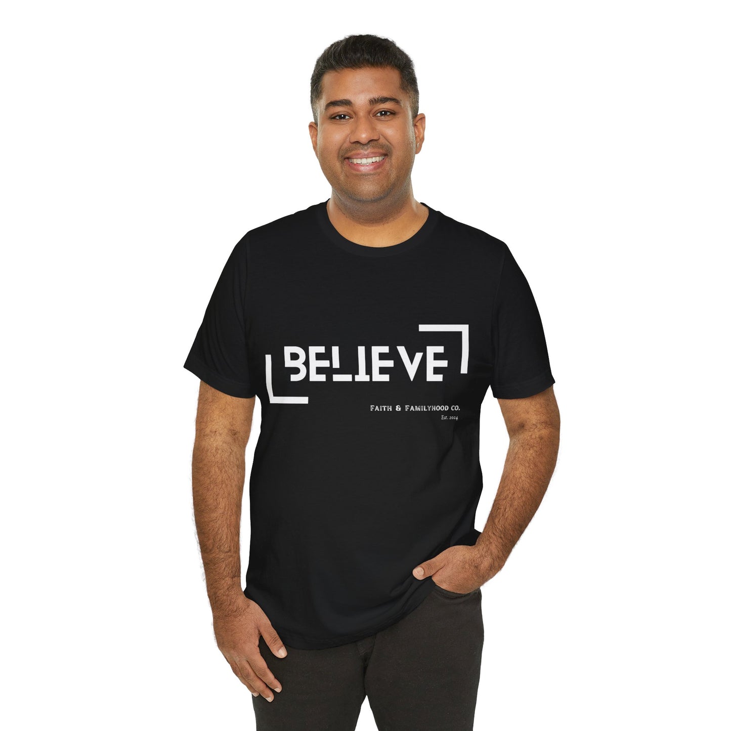 This image showcases a stylish Believe T Shirt featuring prominent "BELIEVE" typography and the Faith & Familyhood Co. brand, a symbol of "Continuing I Agree" with faith-based values.