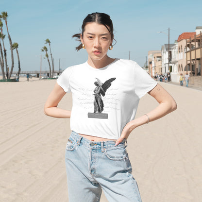 A close-up of the "Heavenly Guardian Crop Tee," a guardian angel t shirt featuring a beautiful image of an angel with intricate details.