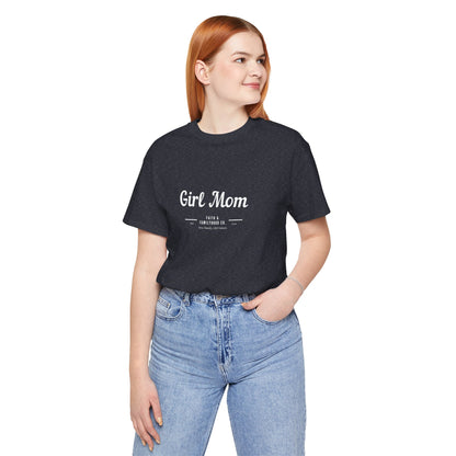 A close-up of a dark gray heather t-shirt with the phrase "Girl Mom" printed in a vintage-style font, emphasizing the high-quality construction of this Mom Shirts collection.