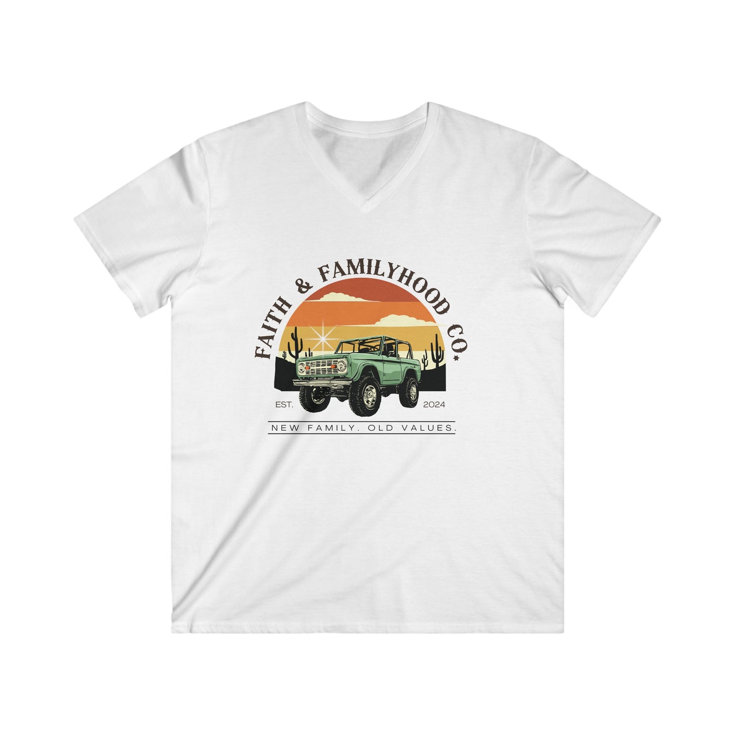 Car Shirts that tell a story - the "Desert Drive" V-neck Tee by Faith & Familyhood Co. features a vintage Bronco and a desert sunset.