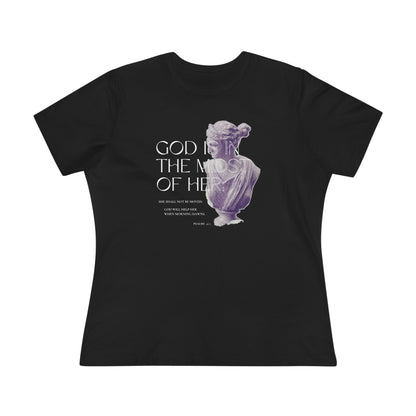 A high-quality Christian t-shirt for women with a minimalist design and a subtle image of a bust.