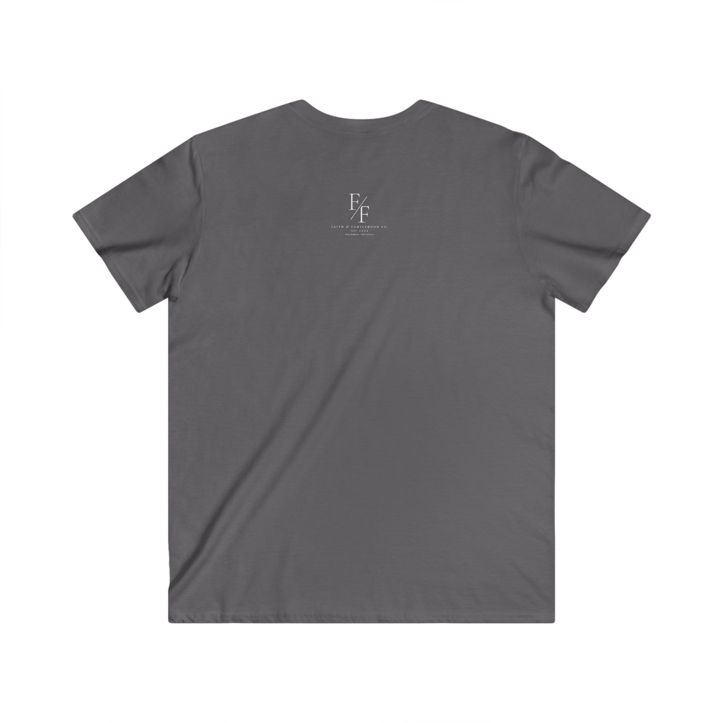 Faith & Familyhood Co. logo prominently displayed on the back of a black v-neck Car Shirts.