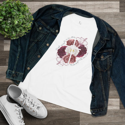 A simple white t-shirt, this Cross Shirt displays a floral arrangement bisected by a prominent white cross design.