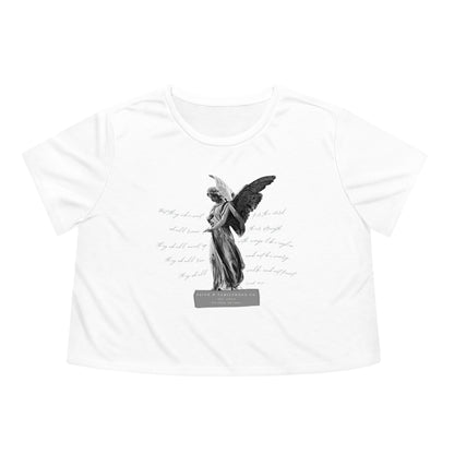 The "Heavenly Guardian Crop Tee" showcases a guardian angel t shirt with a unique design, perfect for those seeking faith-based apparel.