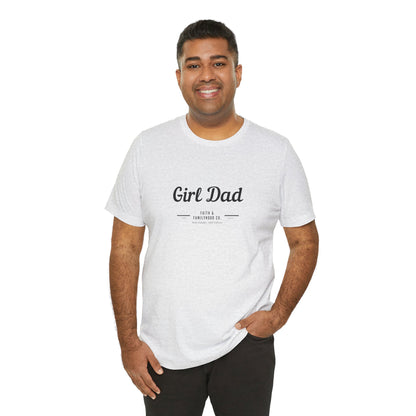 A stylish white t-shirt with the phrase "Girl Dad" printed on it, highlighting the comfortable fabric and classic design of this Dad Shirts collection.