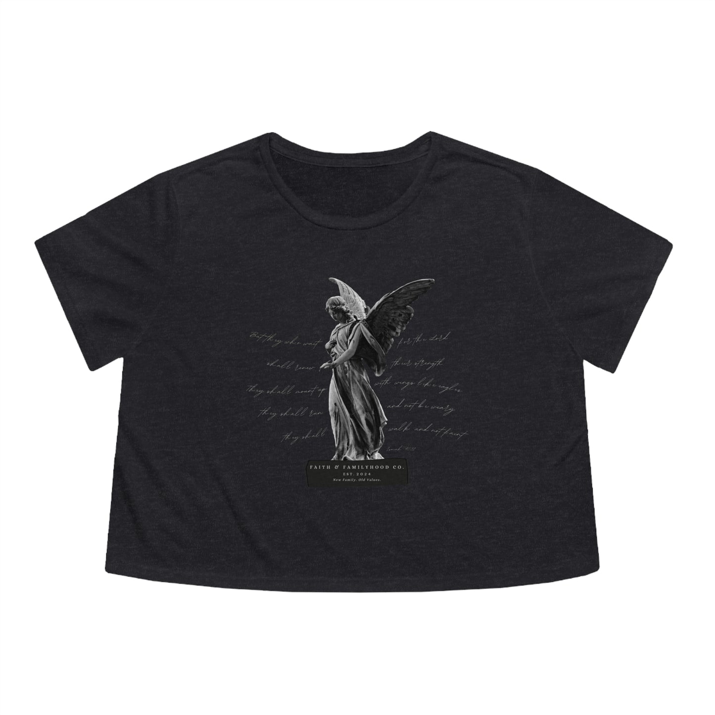 A guardian angel t shirt for women, the "Heavenly Guardian Crop Tee" features a detailed image of a guardian angel, offering a touch of inspiration.