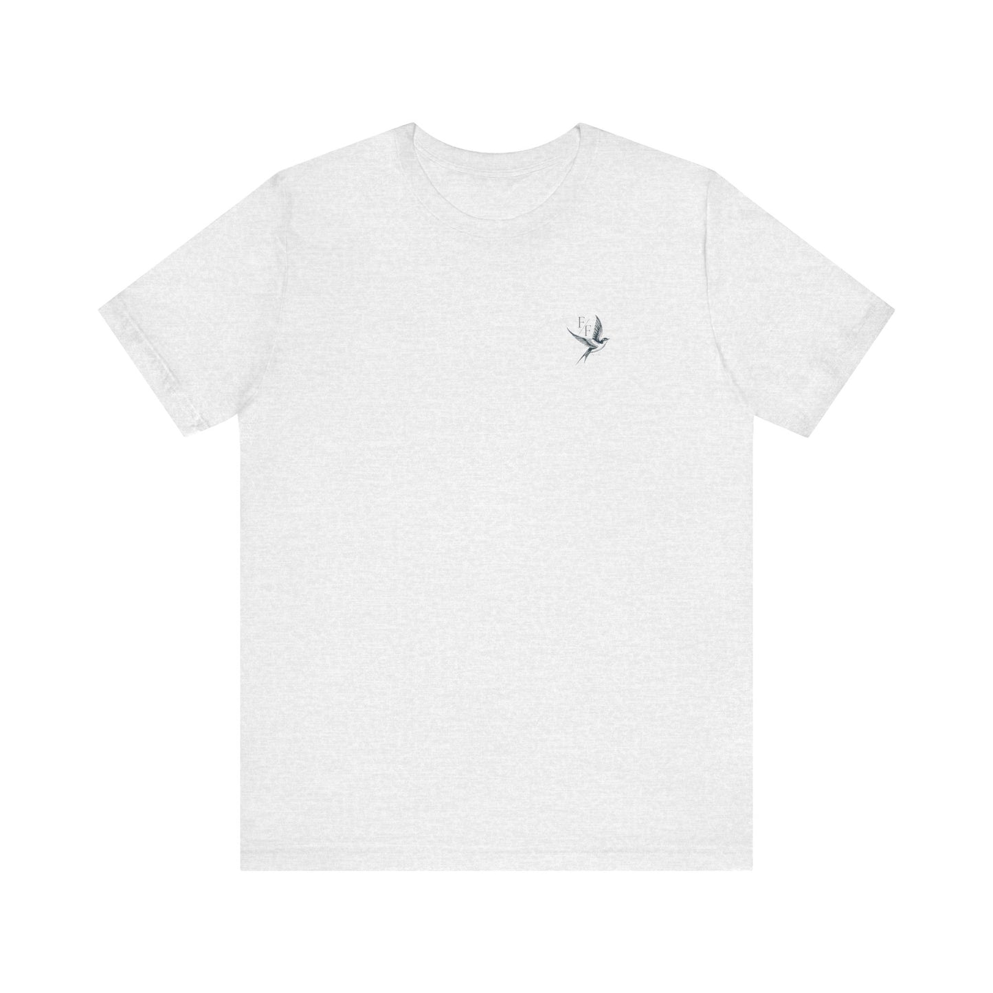 A white bird shirt, one of our stylish bird t shirts, featuring a small, subtle bird print on the front.