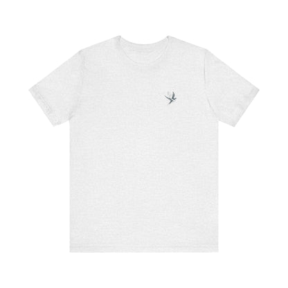 A white bird shirt, one of our stylish bird t shirts, featuring a small, subtle bird print on the front.